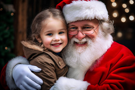 Portrait of Santa Claus with little cute girl on Christmas background. Selective Focusの素材