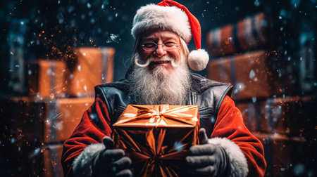 Portrait of Santa Claus holding a gift box. Christmas concept. Selective Focusの素材