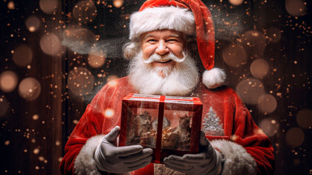 Portrait of Santa Claus holding gift box. Christmas and New Year concept. Selective Focusの素材