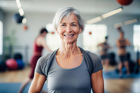 Portrait of smiling senior woman looking at camera in fitness studio. Selective Focusの素材