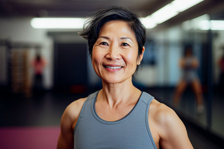 Portrait of smiling mature woman in fitness studio. Looking at camera. Selective Focusの素材