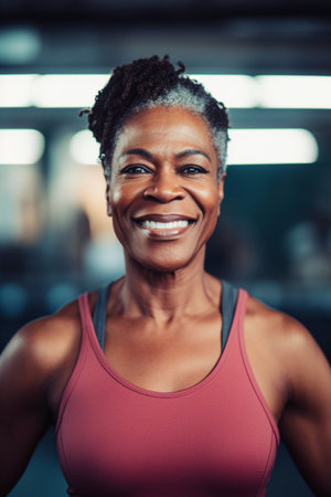 Portrait of smiling African American woman at crossfit gym. Selective Focusの素材
