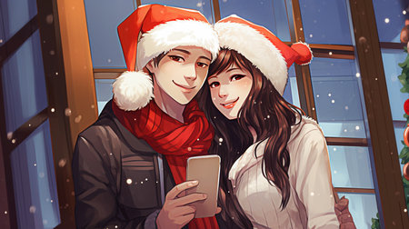 Illustration of a young couple in Santa Claus hats using a smartphone. Selective Focusの素材