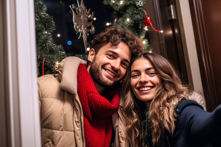 Couple in love taking selfie in front of the christmas tree. Selective Focusの素材
