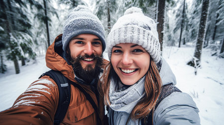 Couple taking a selfie in winter forest. Man and woman taking a selfie in snowy forest. Selective Focusの素材