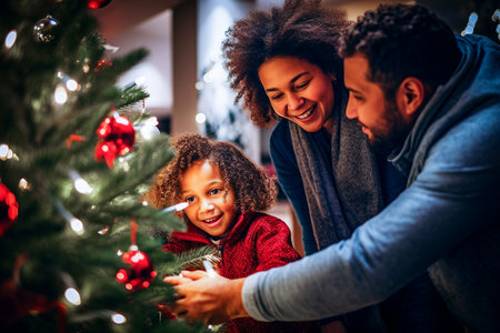 Happy family decorating christmas tree at home. Mother, father and daughter preparing for Christmas. Selective Focusの素材