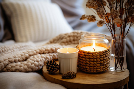 Cozy home interior with burning candles, knitted plaid and autumn decor. Selective Focusの素材