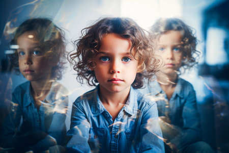 portrait of a little boy with curly hair looking through the windowの素材