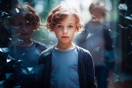 portrait of a little boy in a dark blue T-shirtの素材