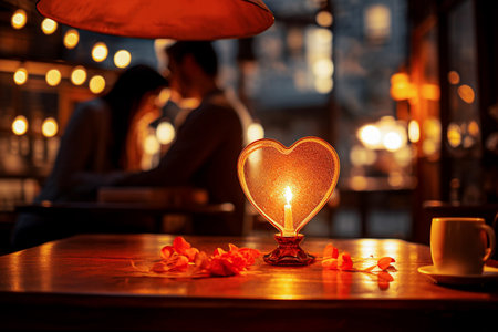 Valentine's Day. Heart shaped candle in a cozy cafeの素材