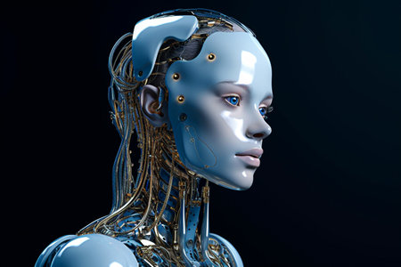 a female robot with metallic hair on black backgroundの素材