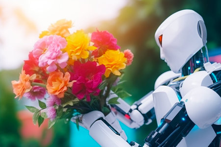 Robot holding artificial flowers bouquet. Technology and artificial intelligence concept.の素材