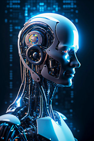 artificial intelligence robot or cyborg with circuit board backgroundの素材