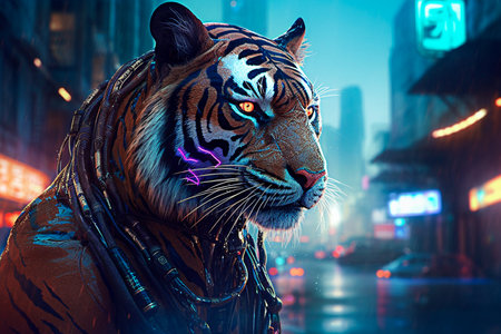 Tiger in the city at night. Neon lights.の素材