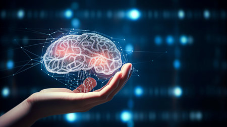 Close up of human hand holding brain hologram.の素材