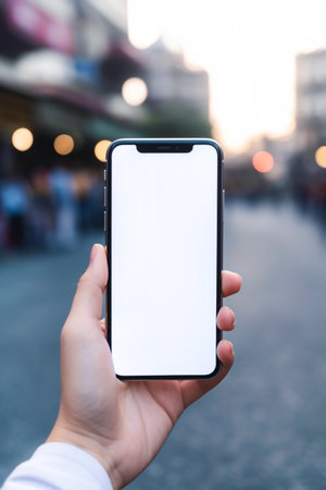 Mockup image of hand holding mobile phone with blank white screen on blurred backgroundの素材