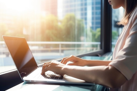 Cropped image of businesswoman working on laptop while sitting near window in officeの素材