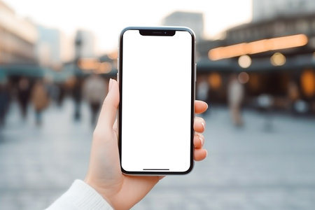 Mockup image of a woman's hand holding mobile phone with isolated screen on blurred backgroundの素材