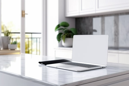 Laptop on white table in modern kitchen.の素材