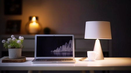 Laptop on a white desk in a dark room with a lampの素材