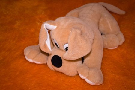 Brown puppy toy on the orange backgroundの写真素材