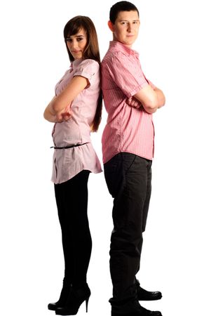 Couple dressed in pink clothes isolated on whiteの写真素材