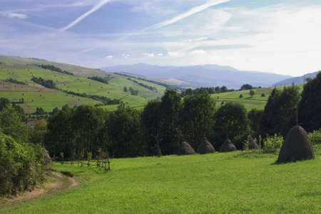 Beautiful blue sky and green grass with road and fence in Carpathian mountainsの写真素材