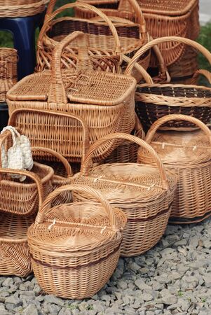 Basketry market on nature. Green field background.の写真素材