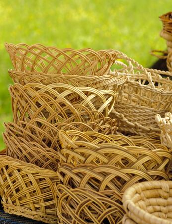 Basketry market on nature. Green field background.の写真素材