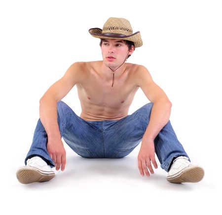 Yound man lower his head, isolated on whiteの写真素材