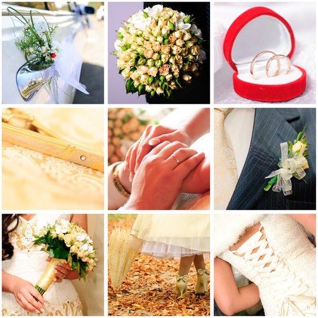 Collage with bridegroom and bride in different situations の写真素材
