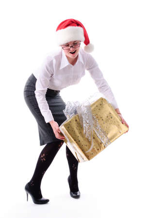 Office santa girl with present isolated on whiteの写真素材