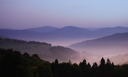 beautiful view of mountainsides in the morning fog above Carpatian mountainsの写真素材