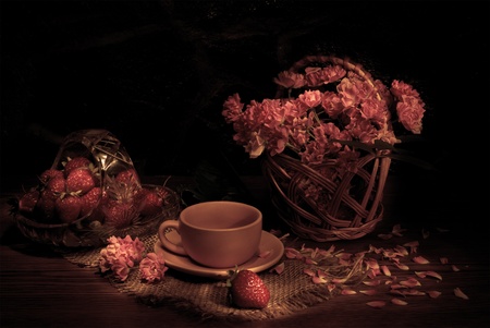 Still life with strawberries and pink roses. Sepia tonedの写真素材