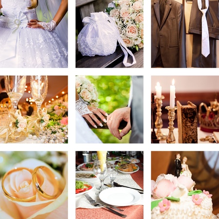 Collage with bridegroom and bride in different situations 