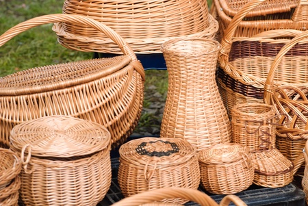 Basketry market on nature. Green field background.の写真素材