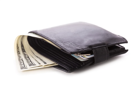 Black leather wallet with dollars and credit cards isolated