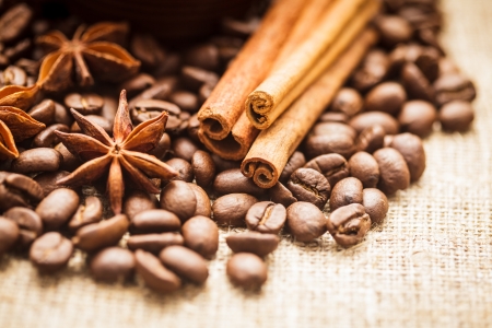 Spilled coffee beans with cinnamon and aniseの写真素材