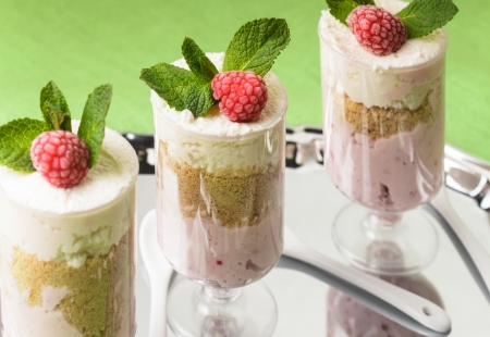 Dessert with raspberry and curd mousse with mint leavesの写真素材