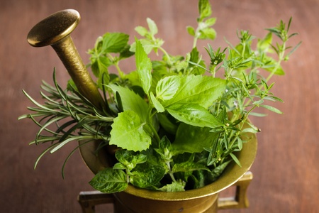 Fresh herbs in the copper mortar on the tableの写真素材