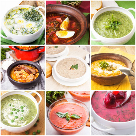 Soup collage from nine photos of different soupsの写真素材