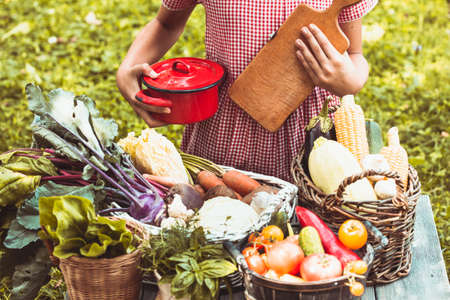 Beautiful girl in a checkered dress plays with a variety of vegetables on the lawnの写真素材