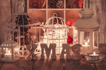 Christmas light and wooden letter decorations in shabby chic styleの写真素材