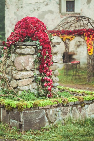 Luxury red roses bouquet arrange for wedding decorationの写真素材