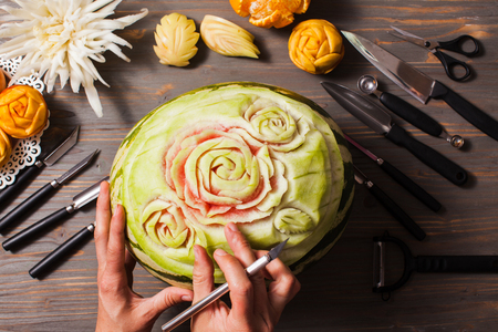 The watermelon fruit carved, art of thailandの写真素材