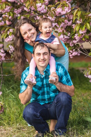 Girl is standing near mother and father against the backdrop of sakura blossomsの写真素材