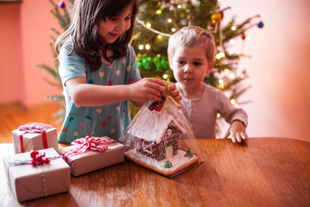 Kids with gingerbread houseの写真素材