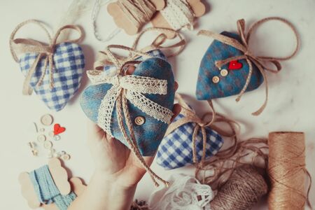 Christmas felt heartsの写真素材