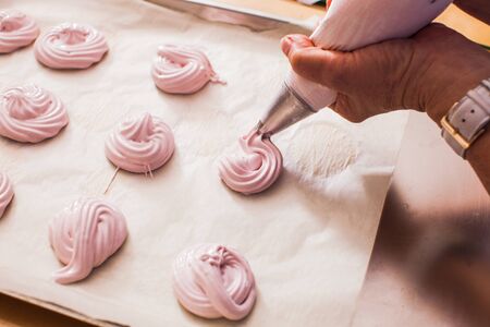 Cooking of fruit pink marshmallow dessert - zephyr