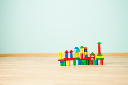 Close view of various buildings made of toy blocks